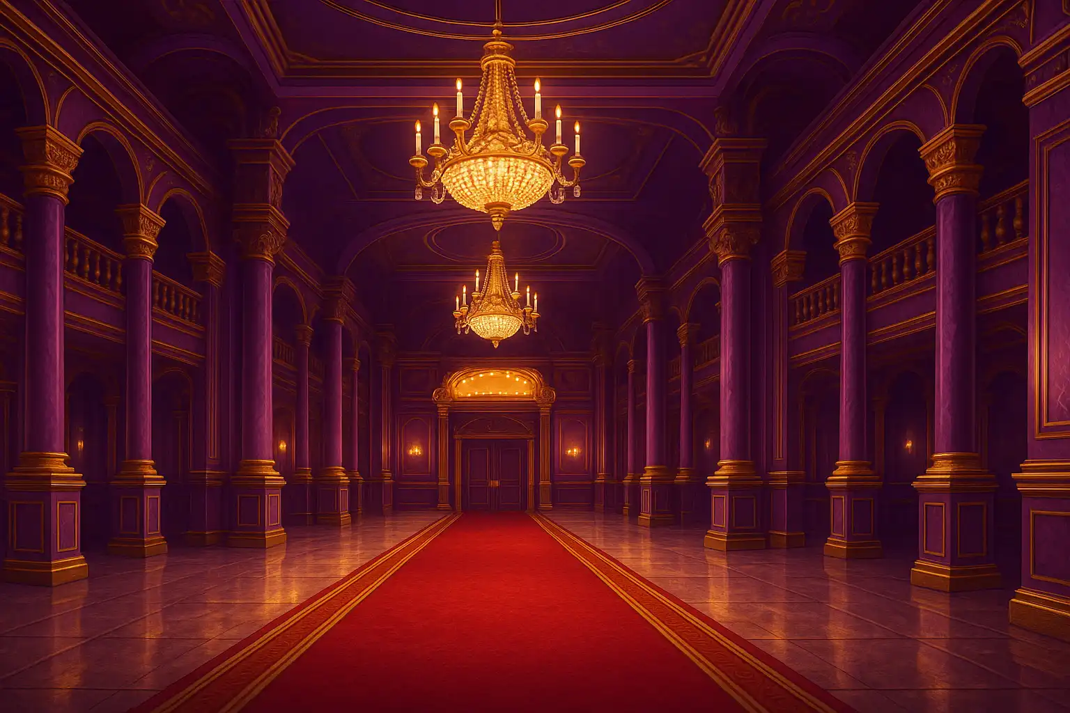 The royal purple and gold entrance of the TiffanyLuck Casino lobby