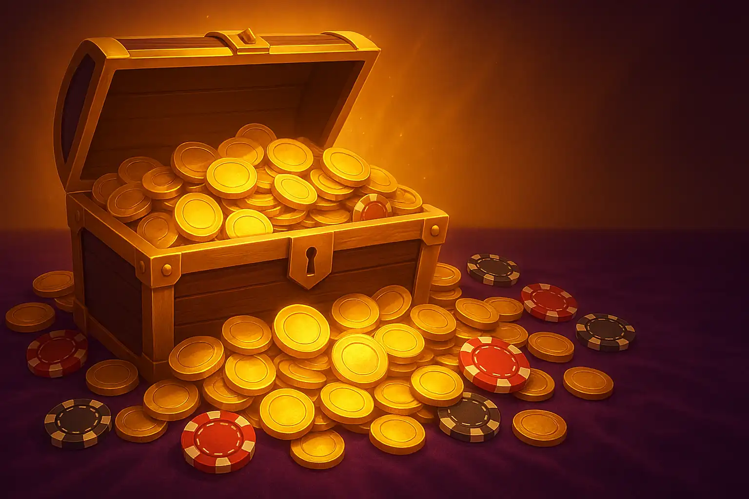 Gold coins and bonus chips spilling across a royal purple casino table